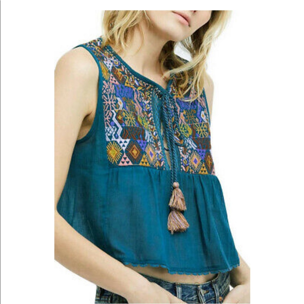 NWT Free People Lohri embroidered top turquoise
